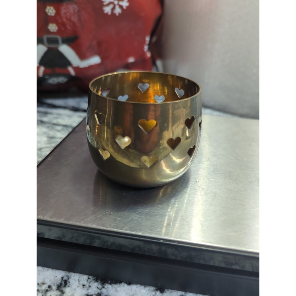 Vintage Solid Brass Pierced Heart Votive Candle Holder Boho